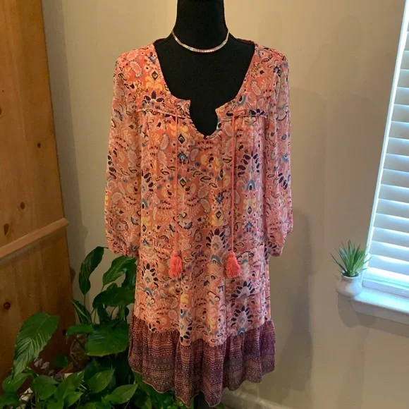 🌹As U Wish • Boho Coral Floral Spring Summer DEEP VEE Mini Dress - Picture 1 of 12